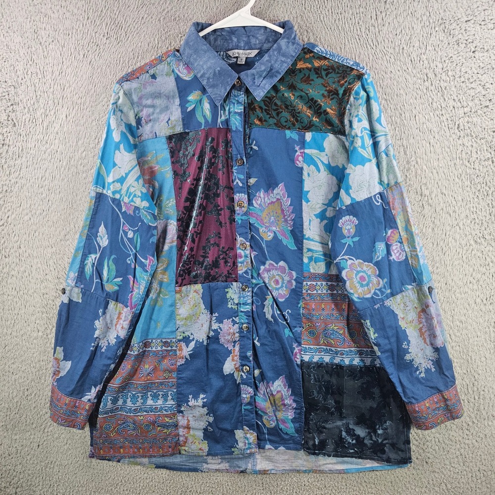 John Mark Mixed Media Patchwork Floral Burnout Velvet Button Down Shirt Blue S